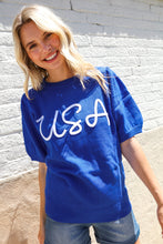 Load image into Gallery viewer, Patriotic USA Blue Knit Embroidery Puff Sleeve Sweater Top
