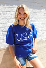 Load image into Gallery viewer, Patriotic USA Blue Knit Embroidery Puff Sleeve Sweater Top
