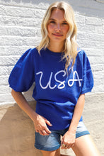 Load image into Gallery viewer, Patriotic USA Blue Knit Embroidery Puff Sleeve Sweater Top
