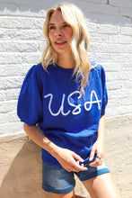 Load image into Gallery viewer, Patriotic USA Blue Knit Embroidery Puff Sleeve Sweater Top
