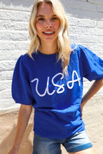 Load image into Gallery viewer, Patriotic USA Blue Knit Embroidery Puff Sleeve Sweater Top
