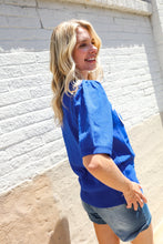 Load image into Gallery viewer, Patriotic USA Blue Knit Embroidery Puff Sleeve Sweater Top
