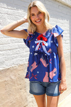 Load image into Gallery viewer, American Flag Blue &amp; Red Stars &amp; Bow Print Woven Top
