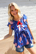 Load image into Gallery viewer, American Flag Blue &amp; Red Stars &amp; Bow Print Woven Top

