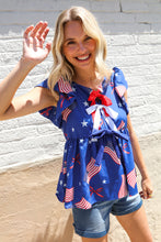 Load image into Gallery viewer, American Flag Blue &amp; Red Stars &amp; Bow Print Woven Top
