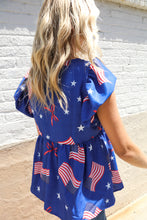 Load image into Gallery viewer, American Flag Blue &amp; Red Stars &amp; Bow Print Woven Top
