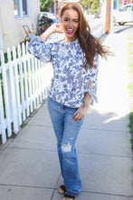 Load image into Gallery viewer, Vintage Chic Navy &amp; Ivory Three-Quarter Bow Sleeve Contrast Stripe Blouse
