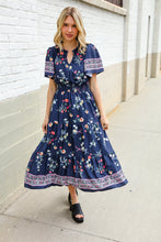 Load image into Gallery viewer, Boho Vibes Navy &amp; Floral Notch Neck Border Print Tiered Maxi
