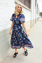 Load image into Gallery viewer, Boho Vibes Navy &amp; Floral Notch Neck Border Print Tiered Maxi
