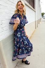 Load image into Gallery viewer, Boho Vibes Navy &amp; Floral Notch Neck Border Print Tiered Maxi
