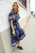 Load image into Gallery viewer, Boho Vibes Navy &amp; Floral Notch Neck Border Print Tiered Maxi
