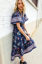 Load image into Gallery viewer, Boho Vibes Navy &amp; Floral Notch Neck Border Print Tiered Maxi
