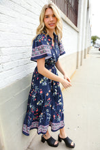 Load image into Gallery viewer, Boho Vibes Navy &amp; Floral Notch Neck Border Print Tiered Maxi
