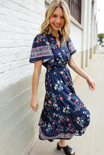 Load image into Gallery viewer, Boho Vibes Navy &amp; Floral Notch Neck Border Print Tiered Maxi
