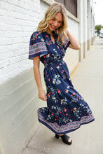 Load image into Gallery viewer, Boho Vibes Navy &amp; Floral Notch Neck Border Print Tiered Maxi
