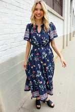 Load image into Gallery viewer, Boho Vibes Navy &amp; Floral Notch Neck Border Print Tiered Maxi
