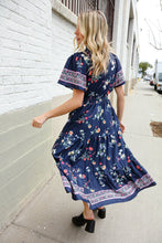 Load image into Gallery viewer, Boho Vibes Navy &amp; Floral Notch Neck Border Print Tiered Maxi
