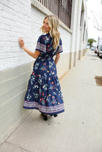 Load image into Gallery viewer, Boho Vibes Navy &amp; Floral Notch Neck Border Print Tiered Maxi
