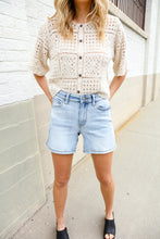 Load image into Gallery viewer, Judy Blue Light Wash Midrise Stitch Hem Semi Distressed Shorts
