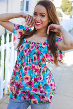 Load image into Gallery viewer, Diva Dreams Sapphire Floral Print Chiffon Smocked Blouse
