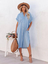 Load image into Gallery viewer, Elanora - Shirt Midi Dress Light Sky Blue V-Neck Short Sleeves Dress
