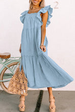 Load image into Gallery viewer, Lovesoft - Sky Blue Ruffled Flutter Sleeve Square Neck Textured Tiered Maxi Dress
