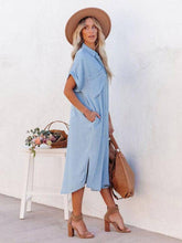 Load image into Gallery viewer, Elanora - Shirt Midi Dress Light Sky Blue V-Neck Short Sleeves Dress
