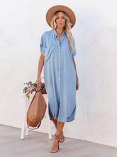 Load image into Gallery viewer, Elanora - Shirt Midi Dress Light Sky Blue V-Neck Short Sleeves Dress
