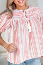 Load image into Gallery viewer, 66DISCO - Plus Size Stripe Tassel Tie Frilled Short Sleeve Blouse
