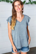 Load image into Gallery viewer, Denim Two Tone V Neck Ruffle Sleeve Top
