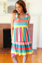 Load image into Gallery viewer, Start The Day Rainbow Stripe Shoulder Tie Tiered Dress
