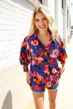 Load image into Gallery viewer, Dazzle in Cobalt Blue Abstract Print Button-Down Smocked Sleeve Blouse

