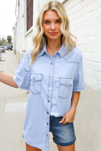 Load image into Gallery viewer, Casual Chic Blue Cotton Denim Snap Button Flap Pocket Top
