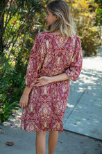 Load image into Gallery viewer, Cranberry Paisley Woven Bubble Sleeve Midi Dress
