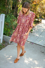 Load image into Gallery viewer, Cranberry Paisley Woven Bubble Sleeve Midi Dress

