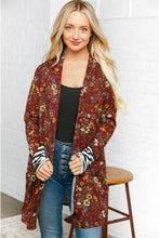 Load image into Gallery viewer, Burgundy Floral Stripe Cardigan with Thumbholes
