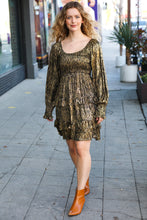 Load image into Gallery viewer, Dazzling Black Gold Foiled Smocked Fit &amp; Flare Dress
