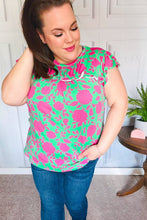 Load image into Gallery viewer, Sassy Green &amp; Fuchsia Floral Ruffle Short Sleeve Yoke Top
