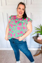 Load image into Gallery viewer, Sassy Green &amp; Fuchsia Floral Ruffle Short Sleeve Yoke Top
