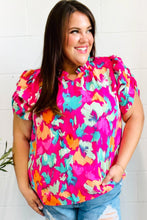 Load image into Gallery viewer, Summer Vibes Fuchsia Abstract Print Frill Notch Neck Puff Sleeve Top
