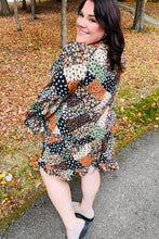 Load image into Gallery viewer, Lady Luck Black &amp; Olive Patchwork Print Mock Neck Dress
