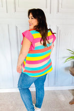 Load image into Gallery viewer, Relaxed Fun Mint &amp; Fuchsia Stripe Flutter Sleeve Terry Knit Top
