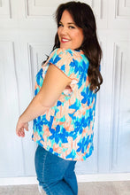 Load image into Gallery viewer, Tropical Breeze Turquoise Floral Banded V Neck Flutter Sleeve Top
