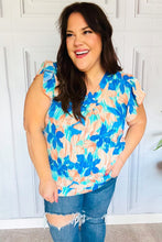 Load image into Gallery viewer, Tropical Breeze Turquoise Floral Banded V Neck Flutter Sleeve Top
