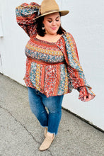 Load image into Gallery viewer, Teal &amp; Rust Smocked Floral Ruffle Hem Top
