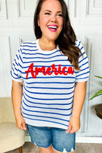 Load image into Gallery viewer, America Proud Blue Striped Embroidered Puff Sleeve Top
