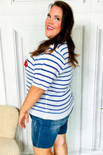 Load image into Gallery viewer, America Proud Blue Striped Embroidered Puff Sleeve Top
