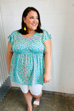 Load image into Gallery viewer, Turquoise Floral Stripe Babydoll Top
