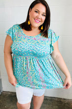 Load image into Gallery viewer, Turquoise Floral Stripe Babydoll Top
