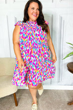 Load image into Gallery viewer, Feeling Femme&#39; Fuchsia &amp; Mint Abstract Print Frill Mock Neck Dress
